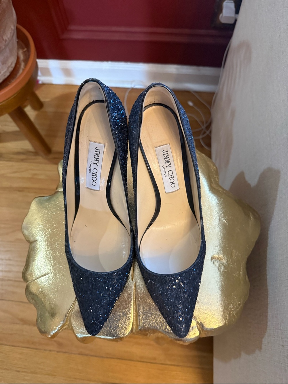 Jimmy Choo Navy Glitter Pointed Toe Pumps